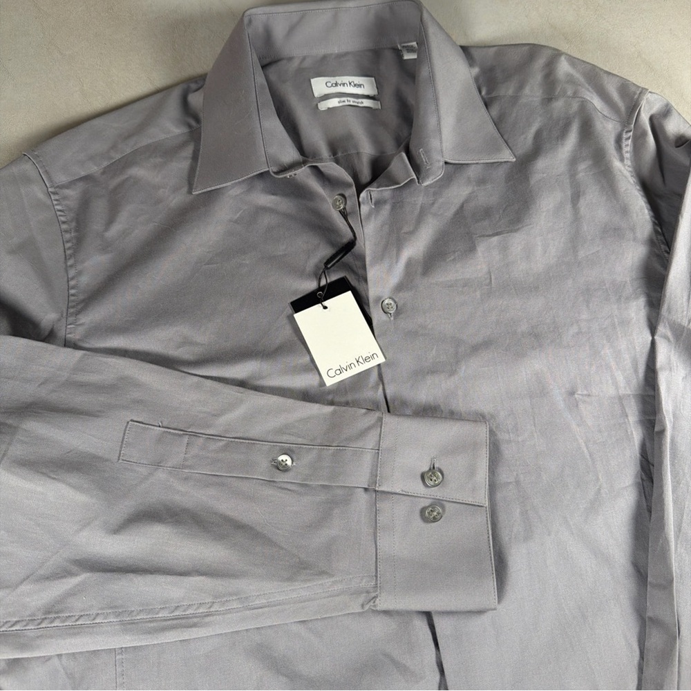 NWT Calvin Klein Slate Gray Slim Fit Stretch Dress Shirt Mens 16.5 32/33